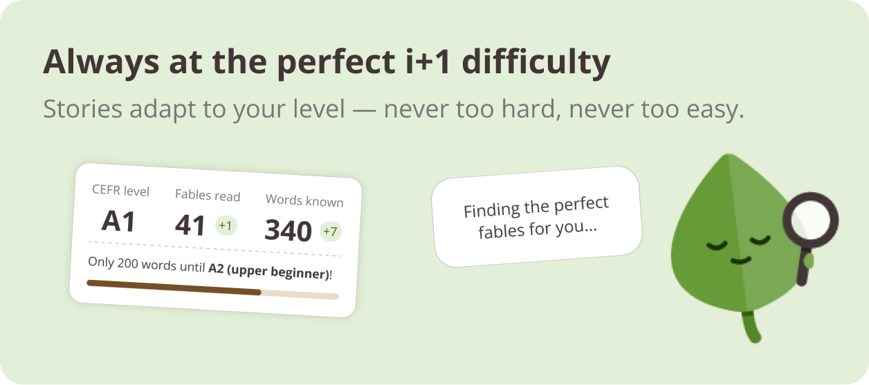 Always at the perfect i+1 difficulty - Stories adapt to your level, never too hard, never too easy.